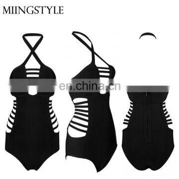 hot sale straps deep V front halter one piece swimwear lady sexy bandage bikini for women