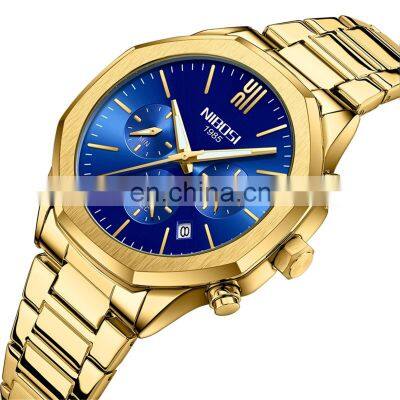 NIBOSI Golden Luxury Man Watches Sport Creative Waterproof Luminous Auto Date Chronograph Watch Quartz Clock 2519