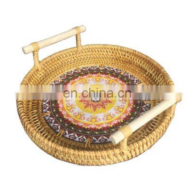 Wooden Printing Rattan Serving Tray woven Coffee tray, Wicker Fruit tray Wholesale Handwoven