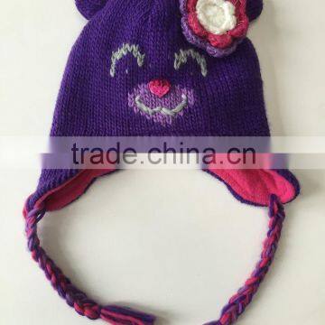 Winter fashion animal shape funny face cat ear knitted hat for ladies and girls