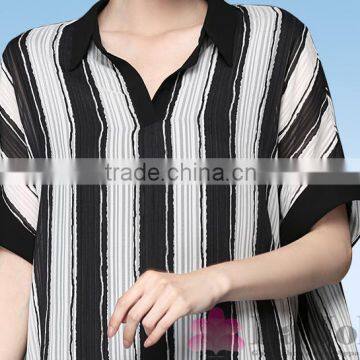 Lastest Summer Fashion White Black Stripes Short Sleeves False Two-piece Chiffon T-shirt 100 photo-2