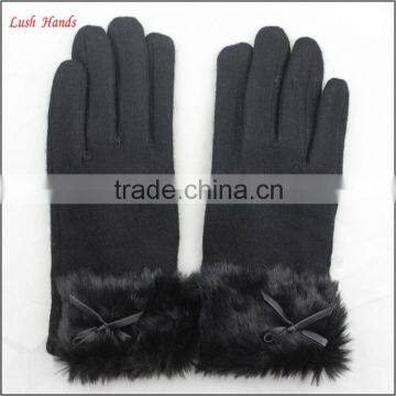 ladies winter warm black woolen hand gloves with fur wholesale