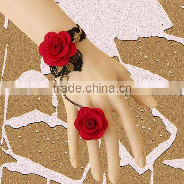 Women Fashion Red Rose Lace Flower Bracelet With Ring