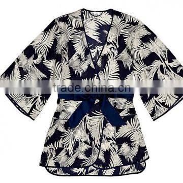 Cheap Custom Sexy Woman short 100% Pure Printed Silk Charmeuse Night Sleeping Kimono Robe with Side Pockets