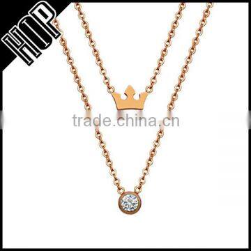 Fashion Multilayer Stainless Steel Crystal With Crown Necklace For Women