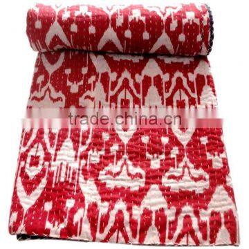 RTHKG-26 Red Ikat Designer Printed Bengali Vintage Look Cotton Kantha Gudari Bedspread Indian Traditional Wholesaler Throws