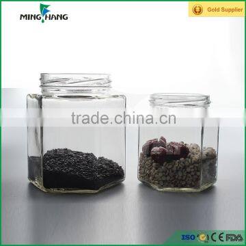 350ml 650ml hexagon food glass storage jar with cap