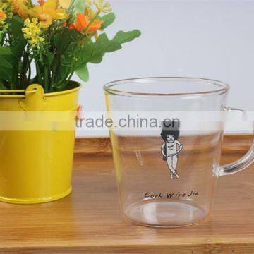 Coffee,Tea,Milk,Beverage Drinking Clear Cute Pattern Heat Resistant Pyrex Glass Tea Cup With Handle