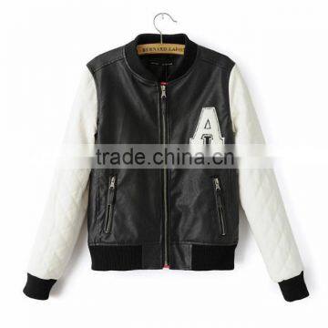 leisure style black pu leather jacket with white cotton sleeves for men