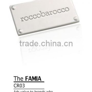 Italy brand embossed up metal zinc alloy silver brand logo tag for sell