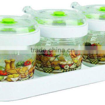 SINOGLASS 3 Pcs with Lazy chef decal Cone shape glass jar spice Condiment Bowl Set