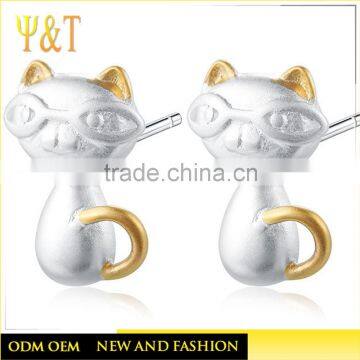 2016 Newest fashion 925 sterling silver amethyst cat earring jewelry gold stud earrings