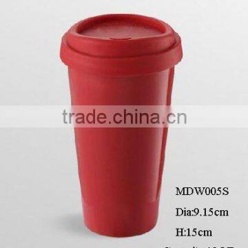 12oz eco-friendly reusable double wall cermaic coffee cup w/ silicone lid glossy finish