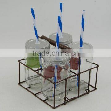 The adjustable handle basket Mason jar set 4 mason jar in iron basket with metal lid and plastic straw 16M088