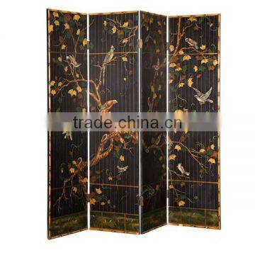 Vintage Furniture Traditional Hand Painting Wooden Floor Screen, Retro Art Painting Four Panel Folding Screen