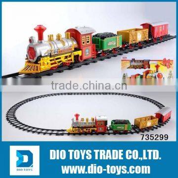 New electrical Christmas Day Play Train Railways toys for kids, Plastic B/O Cartoon Railway toy train set with light and music