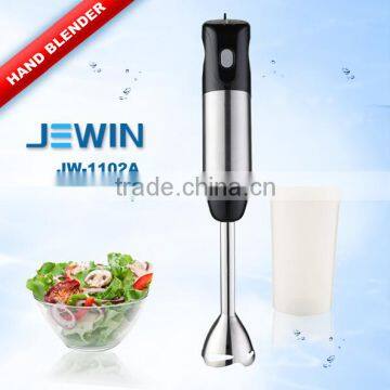 White mini household hand blender with stainless steel blades