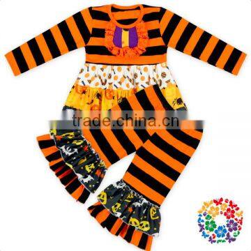 Orange And Black Stripe Little Girl Outfits Wholesale Children's Halloween Boutique Clothing Baby Clothes Sets