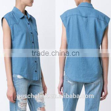 New Arrival 100%cotton Women Sleeveless Denim Shirts Customized photo-6