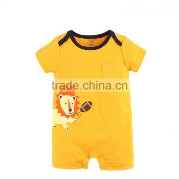 2015 yellow 3d embroidery cartoon lion short sleeve baby boy Infant clothes organic cotton baby rompers