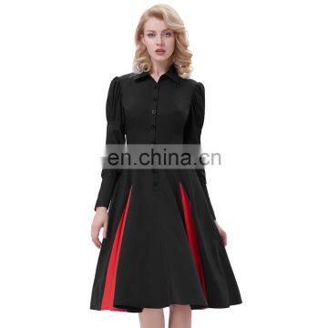 Belle Poque Retro Vintage Victorian Style Long Sleeve Shirt Collar Contrast Color Black Swing Dress BP000366-1