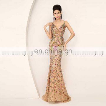 Best Selling Real Photo Luxury V Neck Champagne Tulle Mermaid Heavy Crystal Beaded Evening Dresses AJ016