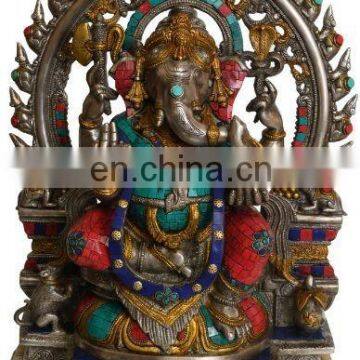 Indian GOD Ganesha Rat On Throne 18.5" Large Brass Stone Statue Figure Hindu Art 18 KG Sculpture Ganesha Religious Statue Art