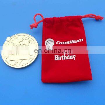 personalized gold coin, happy birthday gift coin design, metal souvenir coin in red velvet pouch