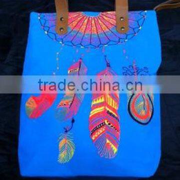 Hmong Indian tote neon blue canvas bag feather pattern