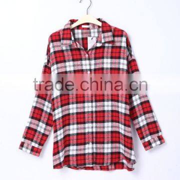 Women fashion long sleeve red plaid shirt