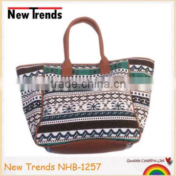 Snow printing polyester fabric handbag with PU handle for winter