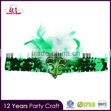 wholesale fleur de lis St. Patrick's Day Stretchy Feather Headband with Sequin Applique ballet stretch band