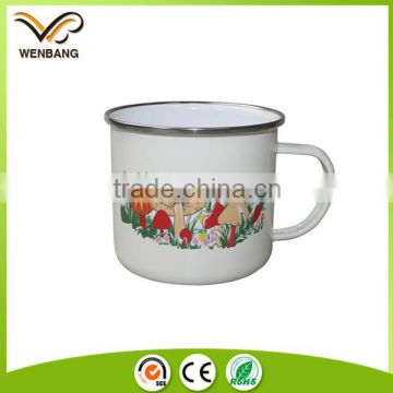 Carbon steel white enamel coated stainless steel rim logo mugs wholesale