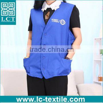 solid blue colored 100% cotton womens work vest with embroidery