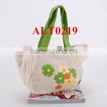 linen fabric emboridery shoulders bag with leather handles