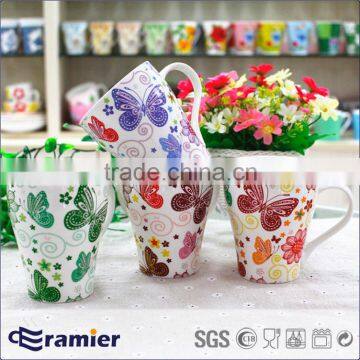 Hunan ceramic v shape mug with imprinted butterfly