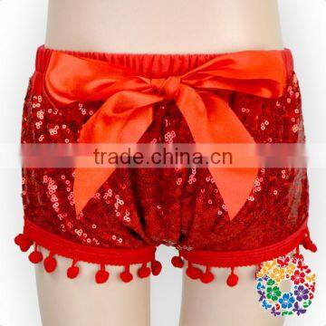 Light Pink Boutique Baby Girls Shorts Front Bow With Pom Pom Cotton Sequins Bloomers photo-5