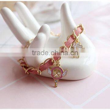 Enamel Magic Charms Bracelet Gold Chain and Suede Leather Handwoven Bracelet Lovely Charms Bracelet