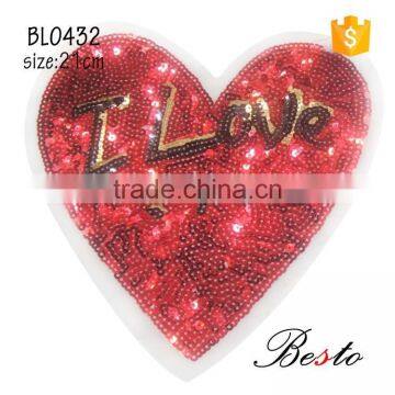 Decorative" I love" printing large red heart sequin patch for girl clothes