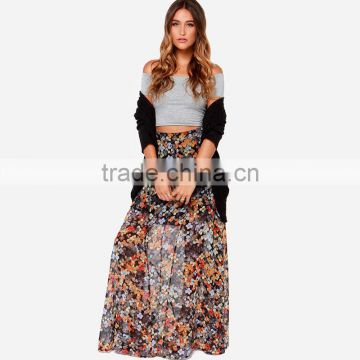 2015 new fashion design women floral printed maxi skirt, latest long skirt design