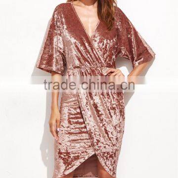 Womens Half Sleeve Crushed Velvet Wrap Dress Ladies V Neck Tunic Irregularity Velvet Knee Length Dress