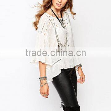 China factory OEM ODM 2015 new fashion customized Semi-sheer finish Top With Cut Out Detail