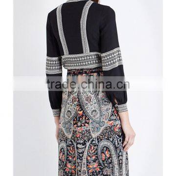 Wholesale Women High Neck Long Sleeves Buttoned Cuffs Geometric Embroidery Crepe Shirt(DQE0163T) photo-3