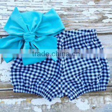 Red Gingham Cute Bloomer With Navy Bowknot Headband Set New Born Baby Clothes Set photo-2