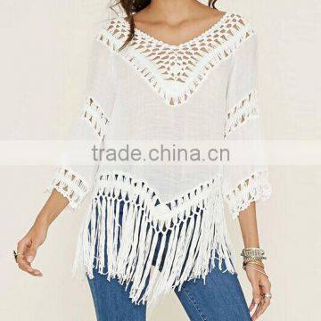 2016 Sexy hollow blouse handmade tassels women shirts