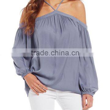 2017 Summer New Look Pullover Construction Sleeve Opening Cold Shoulder Blouse photo-4