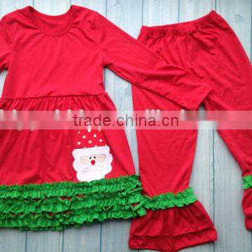 Santa claus pattern Christmas girls outfits wholesale boutique clothing china children ruffle dresses set