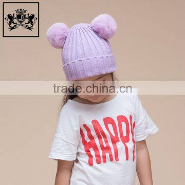 Factory Direct Rabbit Fur Removable Fur Bobble Winter Double Pom Crochet Kids Hat