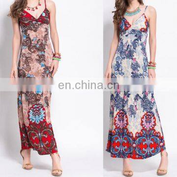 Floral printed spaghetti strap v neck maxi dress for lady