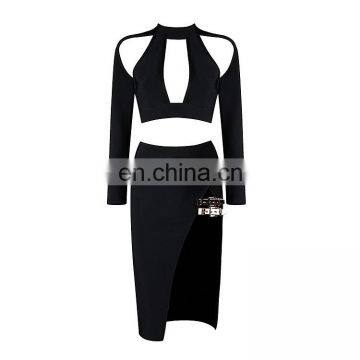 Amigo 2017 bandage dress 2pcs dresses with Black long sleeve hollow out crop top and midi high vent skirt for ladies night out